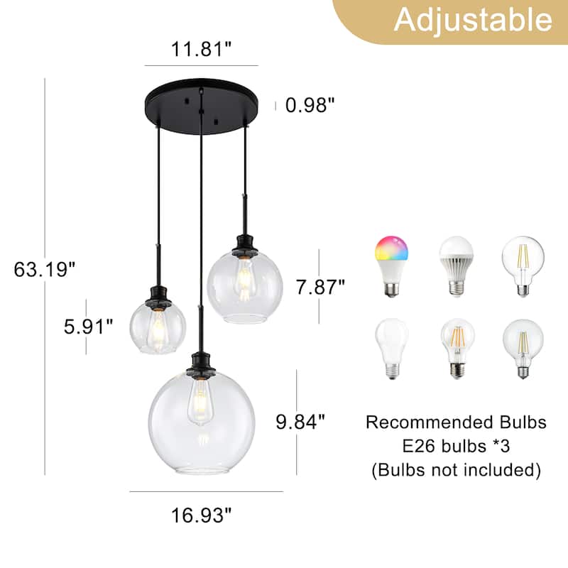 Starsky Modern 3-Light Clear Glass Chandelier Cluster Adjustable Height Pendant Lights for Kitchen Dining Room