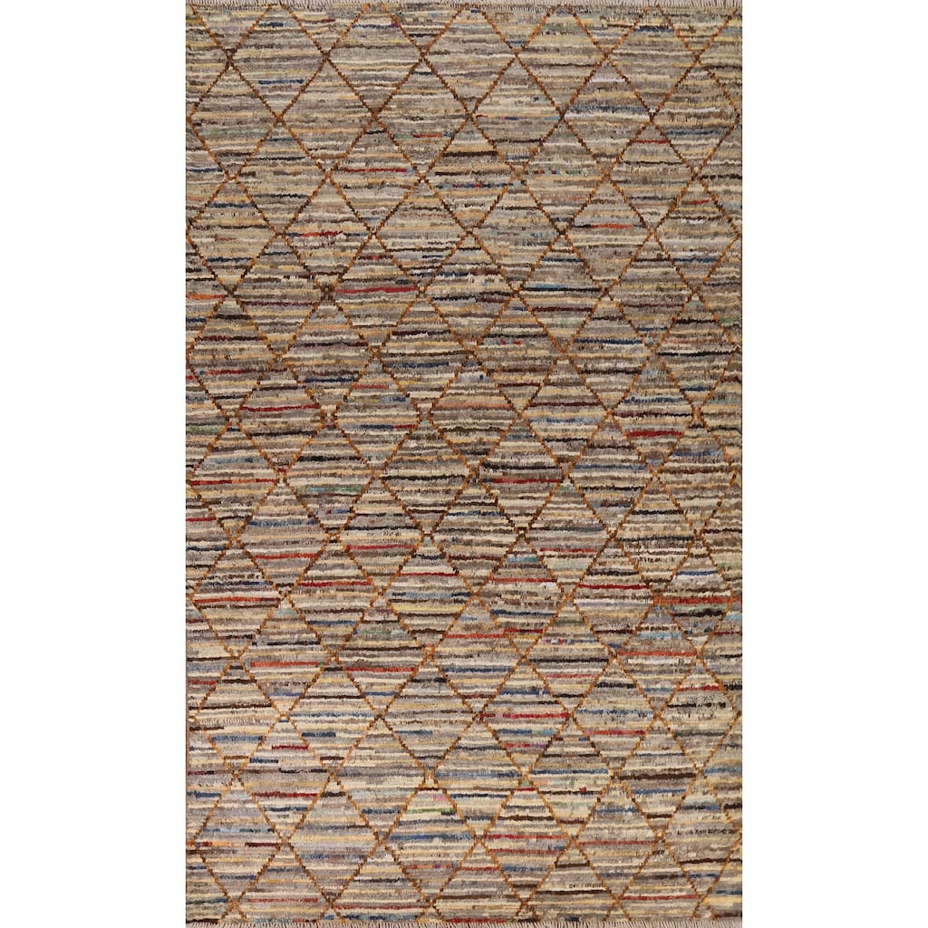 Hand Knotted Oriental 100% Wool Carpet Modern Stripe Multi-Colored Moroccan Area Rug - 9' 9'' X 6' 7''