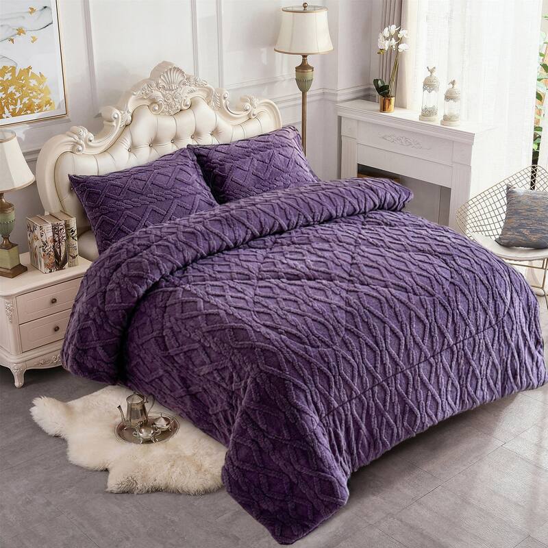 3 Pieces Sherpa Fleece Comforter Set Fluffy Comforter Bedding Set with 2 Pillowcases