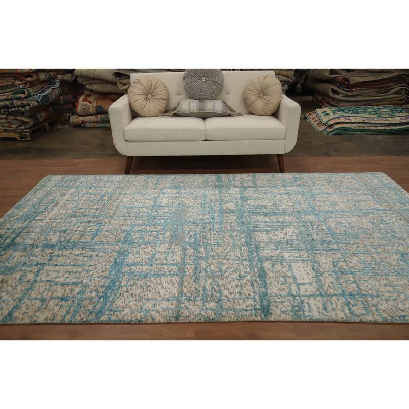 Hand Knotted Oriental Wool & Silk Carpet Modern Abstract Navy Blue & Blues Nepalese Area Rug - 10' 2'' X 6' 3''