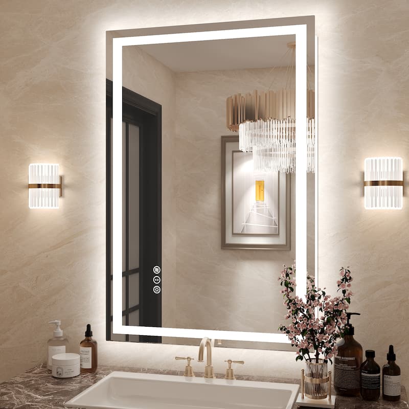 Frameless LED Front Light and Backlit 3 Colors Dimmable Anti-Fog Wall Bathroom Vanity Mirror - 36" x 24"-Square Corner