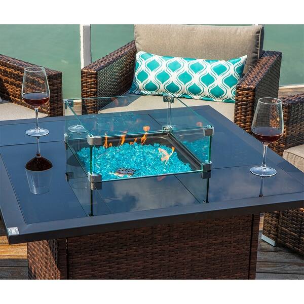 Pool for Garden Backyard Warm Gray Wicker Thick Cushion Sofa w 35-inch Square Gas Fire Table 50,000 BTU COSIEST 5-Piece Faux Brown Propane Fire Pit Outdoor Furniture Brown Chairs