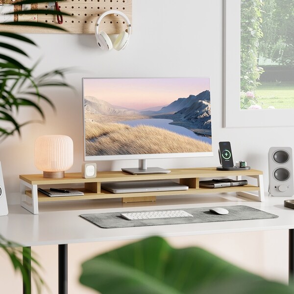 FENGE 42.5 in Wood Metal Dual Monitor Stand with Shelf - 42.5x9