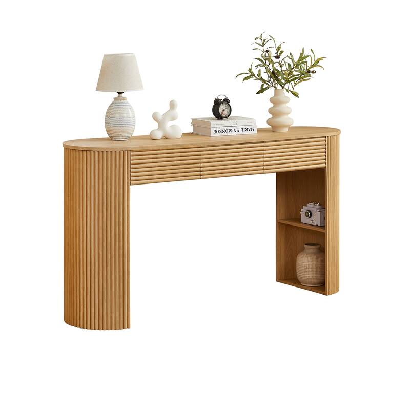 Retro Console Table with Storage, 3 Drawers, 1 Table-Leg Niche, Round Slat Aesthetic, Entryway, Living Room & Hallway
