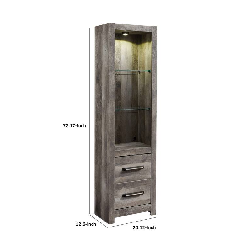 72 Inch Side Pier, 2 Glass Shelves, 2 Bottom Drawers, Rustic Gray Finish