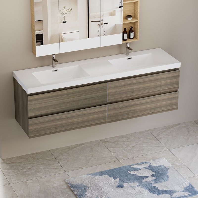 Wall 72" Floating Bathroom Vanity with Sink & and 4 Soft Close Drawers,White/Oak/Grey - 72 inch