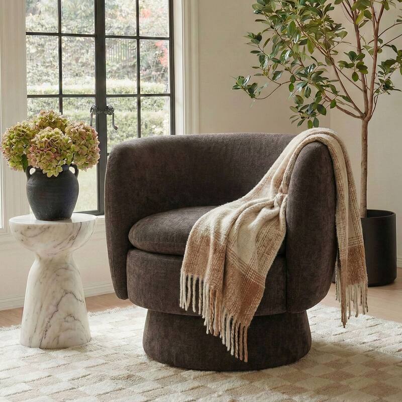 Modern Upholstered Swivel Barrel Accent Chair with Curved Back