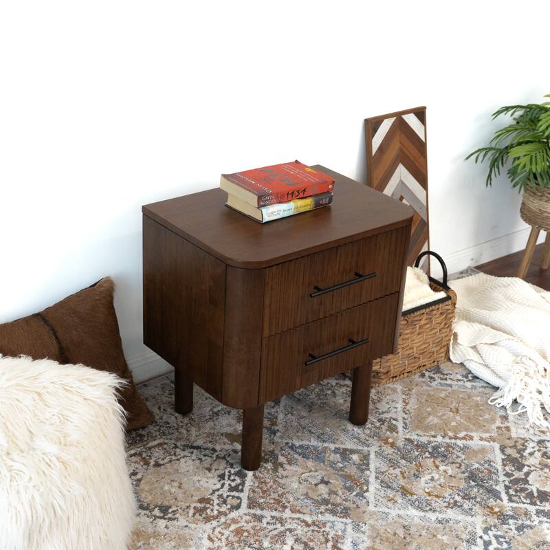 Ross Mid Century Modern Walnut Nightstand Bed Side Table with 2 Drawers