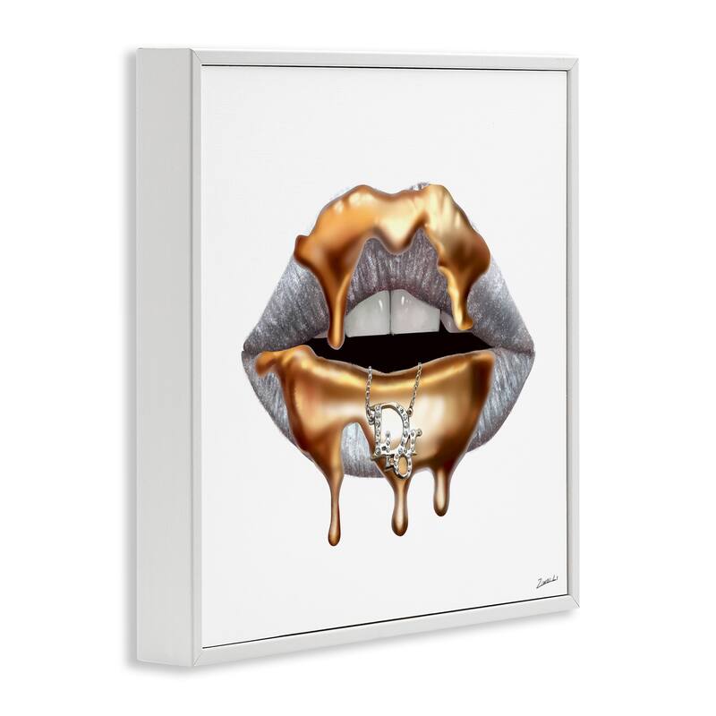 Stupell Glam Silver Lip Portrait Fashion With Gold Drip Framed Wall Art,12x12