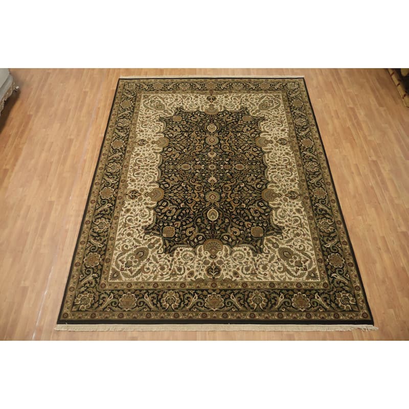 Hand Knotted Oriental 100% Wool Carpet Traditional Floral Black Agra Area Rug - 11' 11'' X 9' 2''