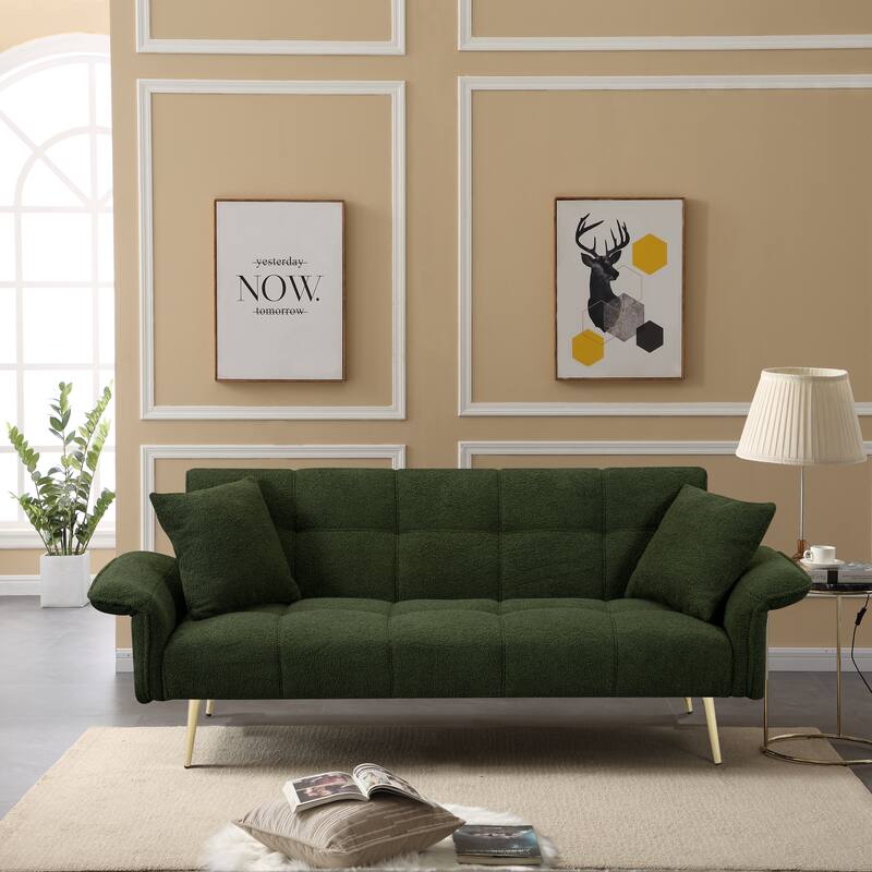 Green Convertible Sofa Couch Sleeper Sofa with Adjustable Backrest, Velvet Folding Sofa Bed with Wood Frame