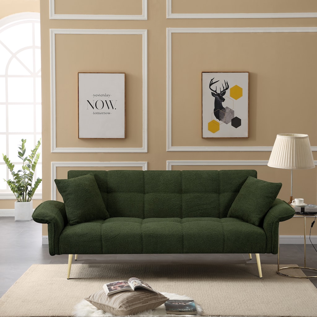 Modern Convertible Futon Sofa Bed with Adjustable Arms and Backrest.