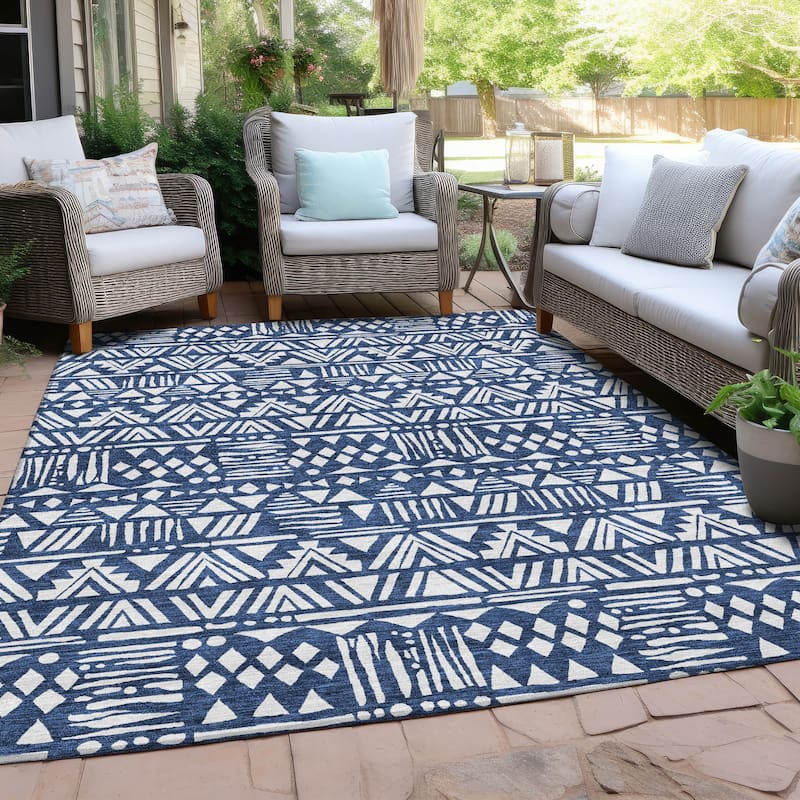 Machine Washable Indoor/ Outdoor Chantille Boho Tribal Rug - Navy - 5' x 7'6"