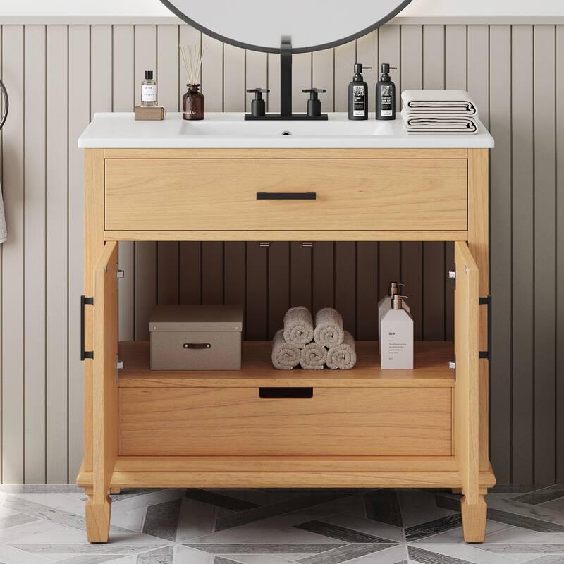 Roomfitters 36" Rattan Bathroom Vanity with Ceramic Sink, Modern Cabinet with Soft-Close Doors and Storage units - Natural