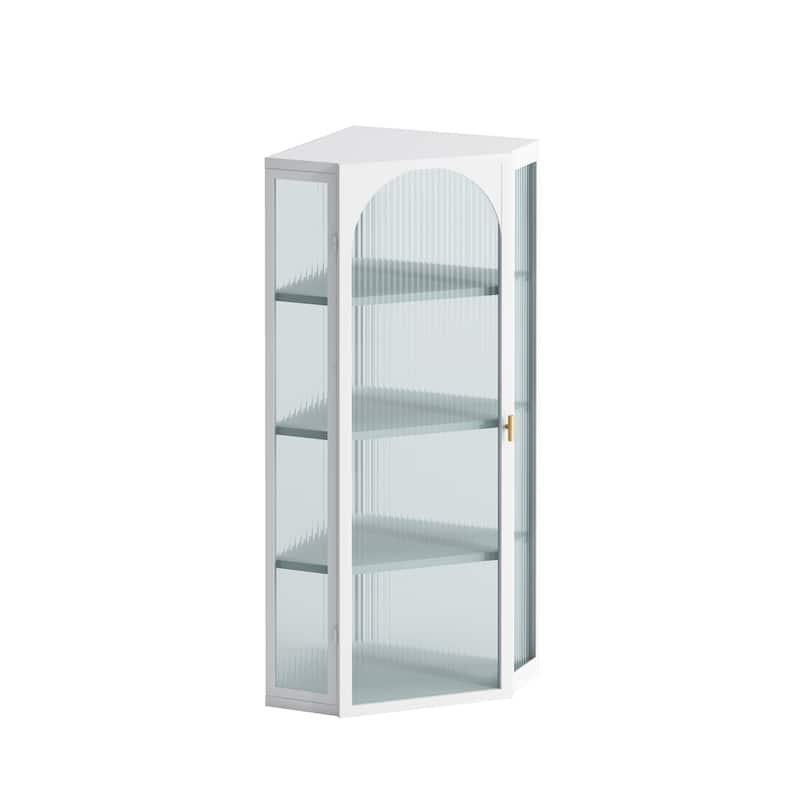 Glass Door Wall Mounted Corner Cabinet w/ Featuring Four-tier Storage