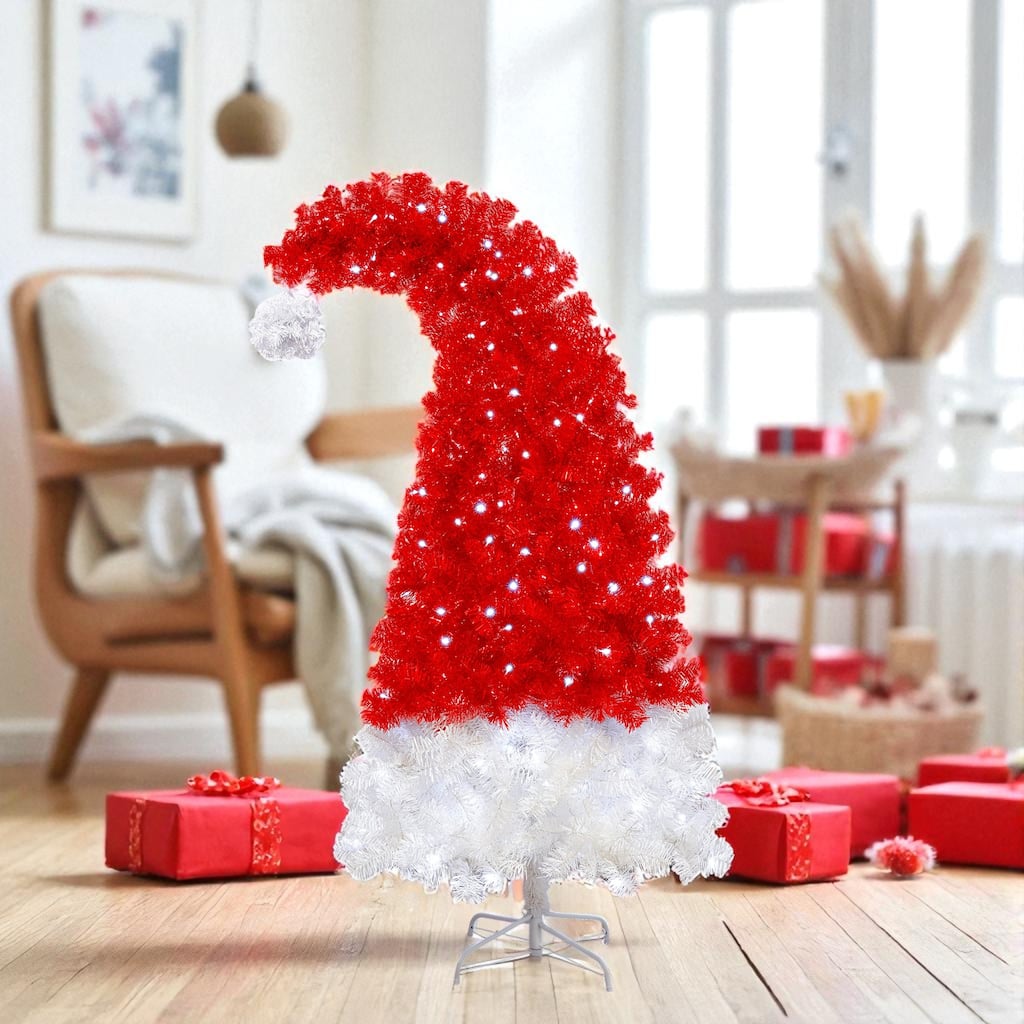 6FT Santa Hat Christmas Tree with 300 LED Lights, 1050 Tips, Curved Red and White Whimsical Artificial Xmas Tree