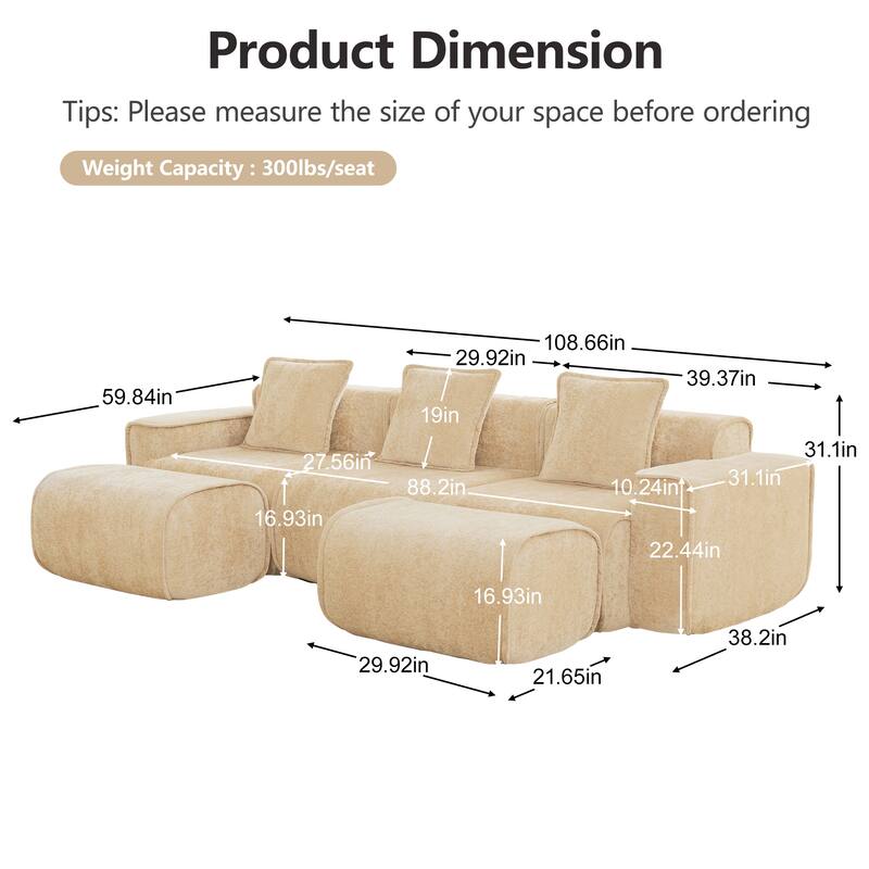 GDFStudio - Streamlined Velvet 3-Seater 108.66" U-Shaped Modular Boneless Sofa with 2 Ottomans
