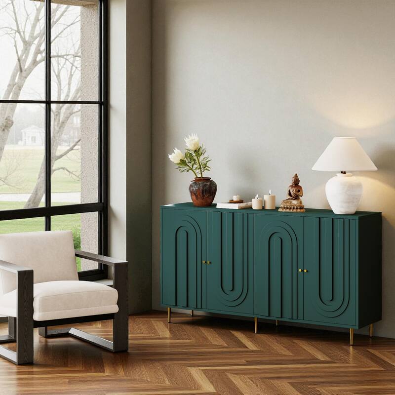 Modern 4-Door Lacquered Sideboard Buffet Cabinet with Gold Legs, Adjustable Shelves for Living Room or Dining Room