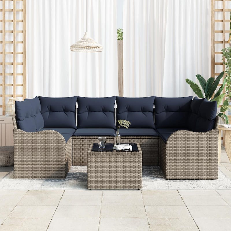 vidaXL 7 Garden Sofa Set with Cushions Black/Brown/Grey Poly Rattan - 92.1 x 48.2 x 27.2