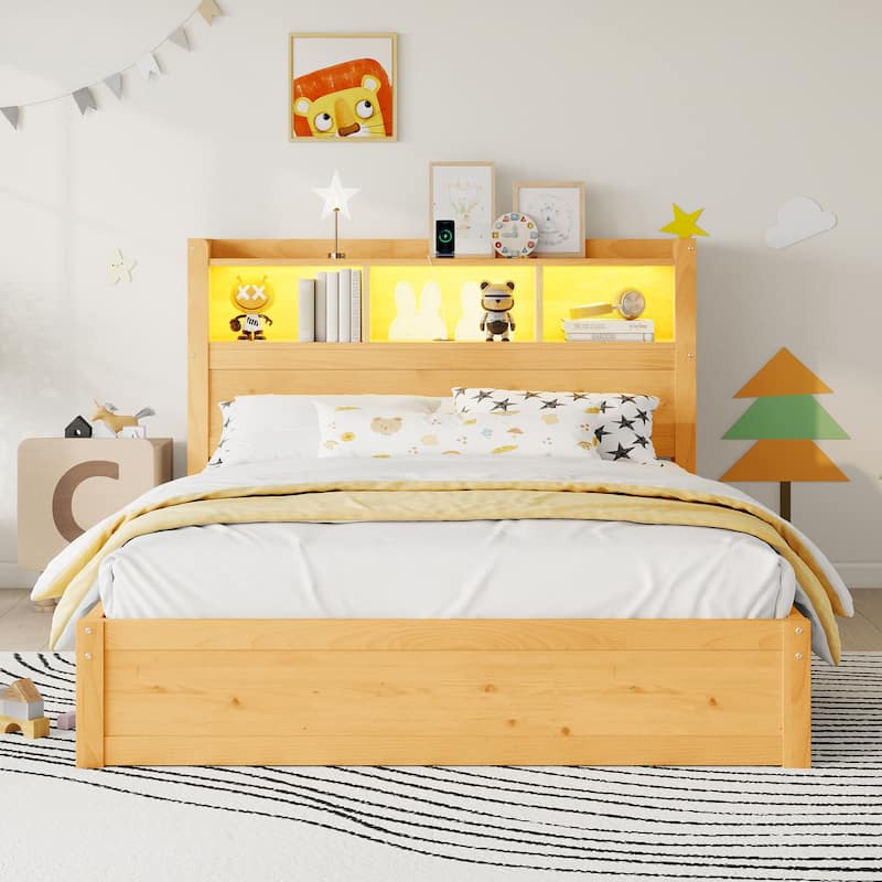 Platform Bed with Storage Headboard Pull Out Storage Cabinet, Bookcase Bed with Drawers, Wood Wingback Bed with Light and Socket