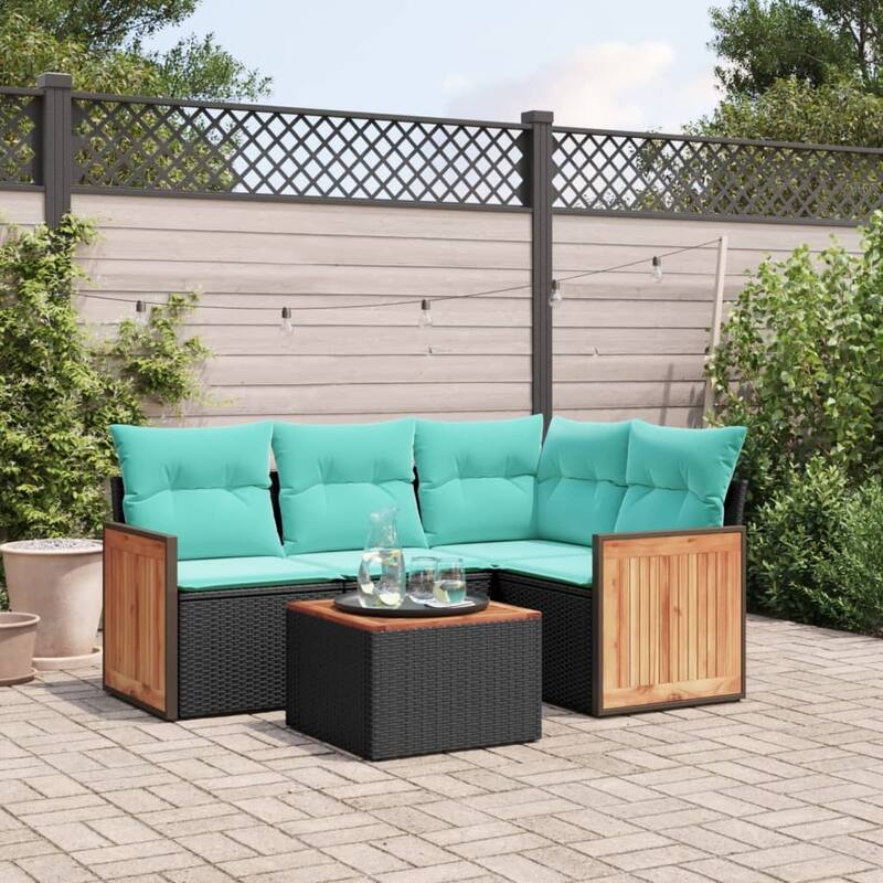 vidaXL 4/5 Piece Patio Sofa Set with Cushions Black/Gray Poly Rattan - 24.4 x 24.4 x 27.2 - Black With table