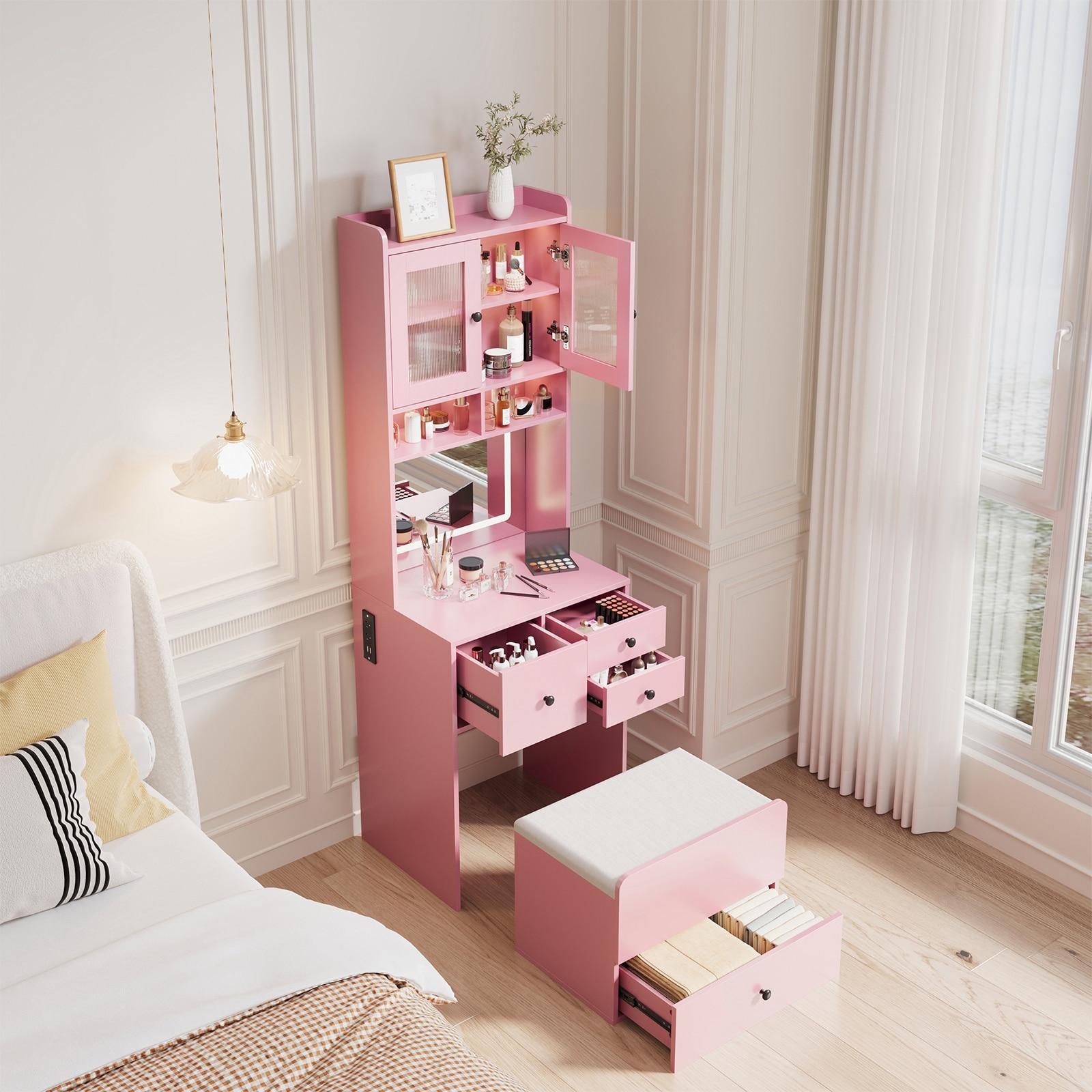 Compact Vanity, Make Up Vanity Desk with Mirror and Lights, Vanity Table Set with Charger Station