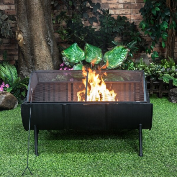 Deko Living 35 Inch Outdoor Metal Wood Burning Half-Barrel Firepit