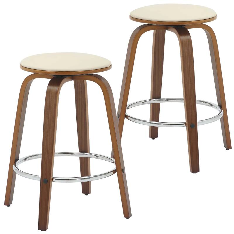 Pelya Leather Swivel Round Counter Stool with Wood Legs and Chrome Footrest for Kitchen Island or Dining Area Set of 2 - Walnut/Light Taupe