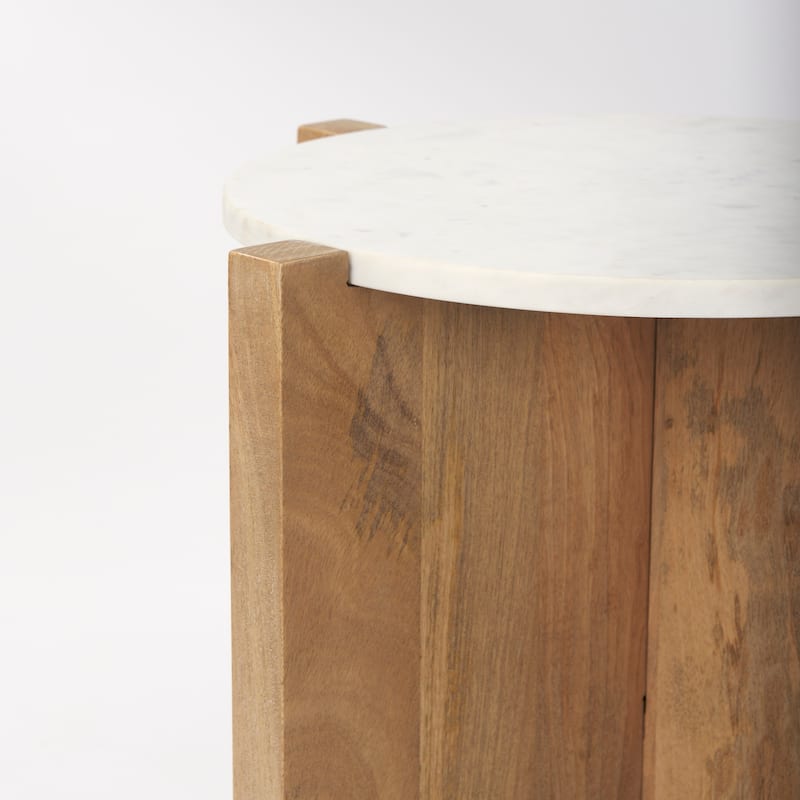 Bianca Round Light Brown Solid Wood & Marble Accent Table - 22"L x 22"W x 22"H
