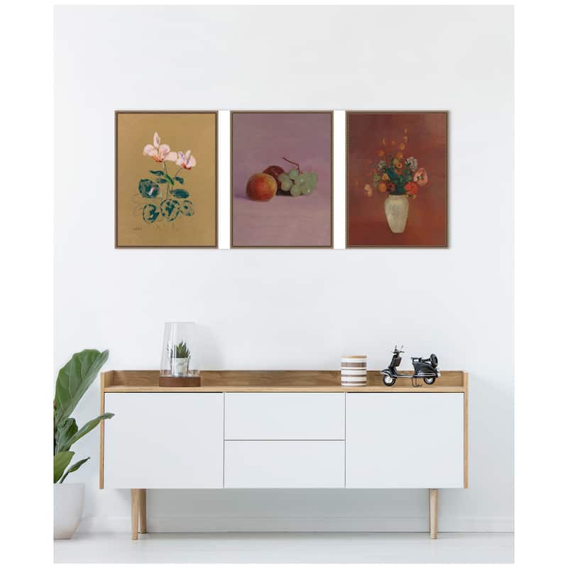 Kate and Laurel Cyclamen, Still Life Fruit, & Bouquet 3 Piece Framed Canvas Wall Art by Nostalgia Prints
