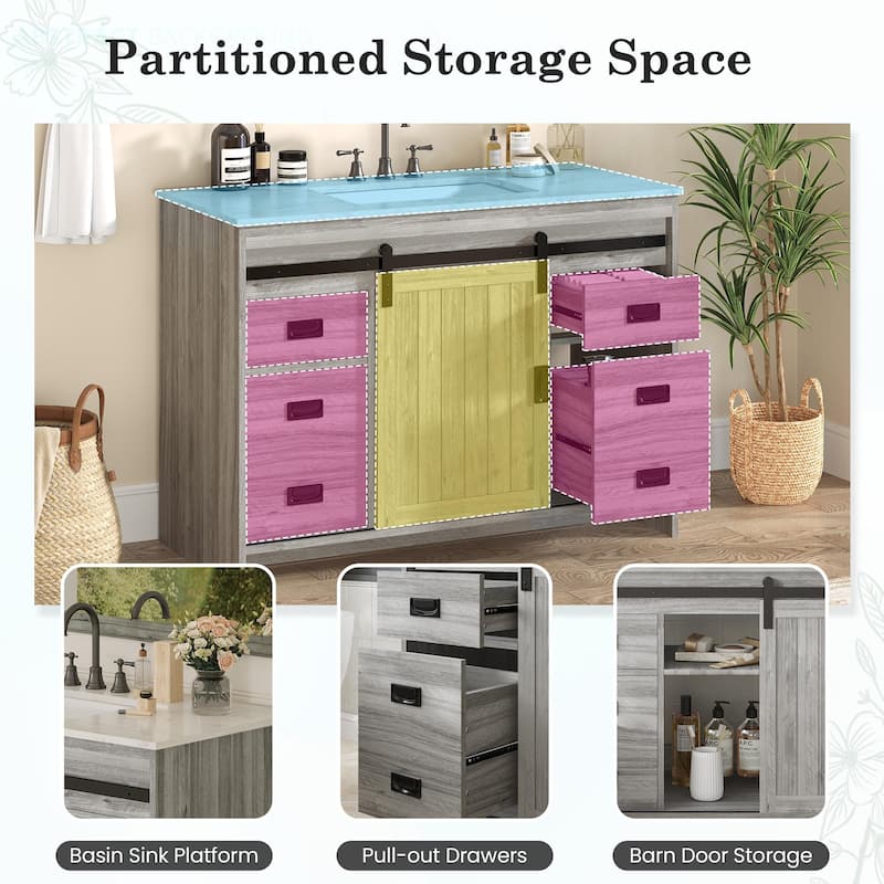 EROMMY Farmhouse Bathroom Vanity with Ceramic Top and Sliding Barn Door Sink Cabinet