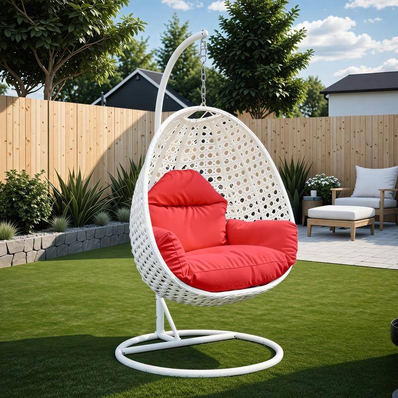 LeisureMod Hanging Egg Swing Chair - White All-Weather Wicker with Heavy-Duty Iron Frame - Indoor/Outdoor Patio & Garden Seating
