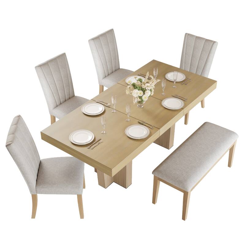 6-Piece Extendable Dining Set with Removable Leaf, Wood Kitchen Table Set with Bench and 4 Upholstered Chairs