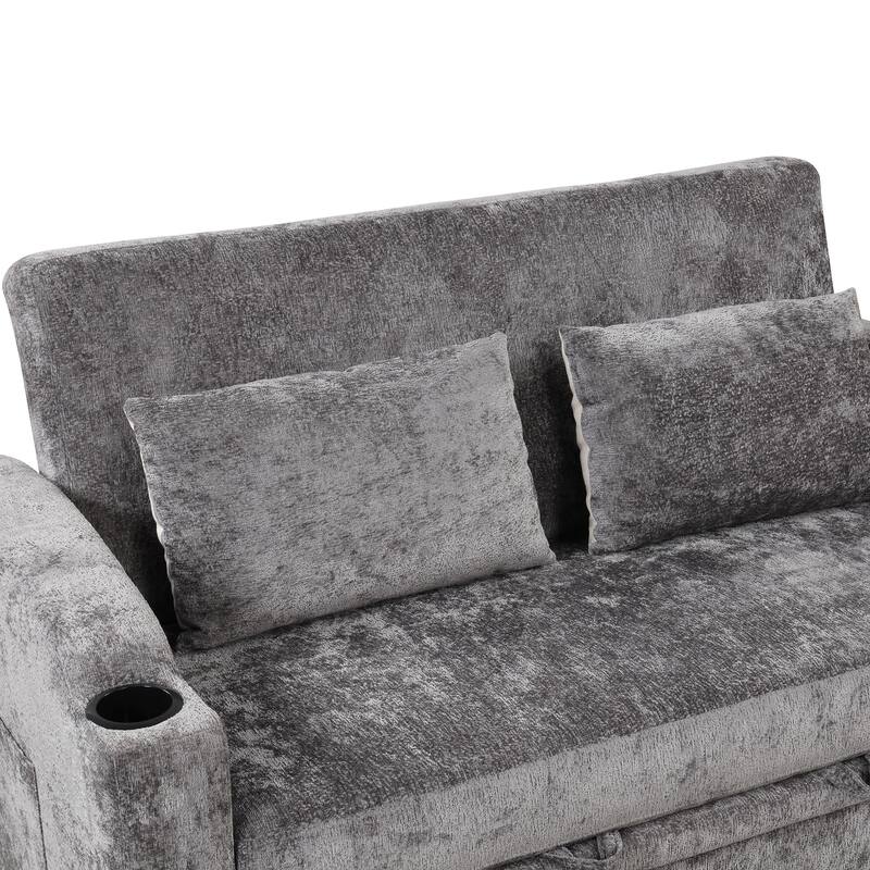 Chenille Convertible Loveseat Sofa Bed with Adjustable Backrest, USB Ports, and Cup Holders