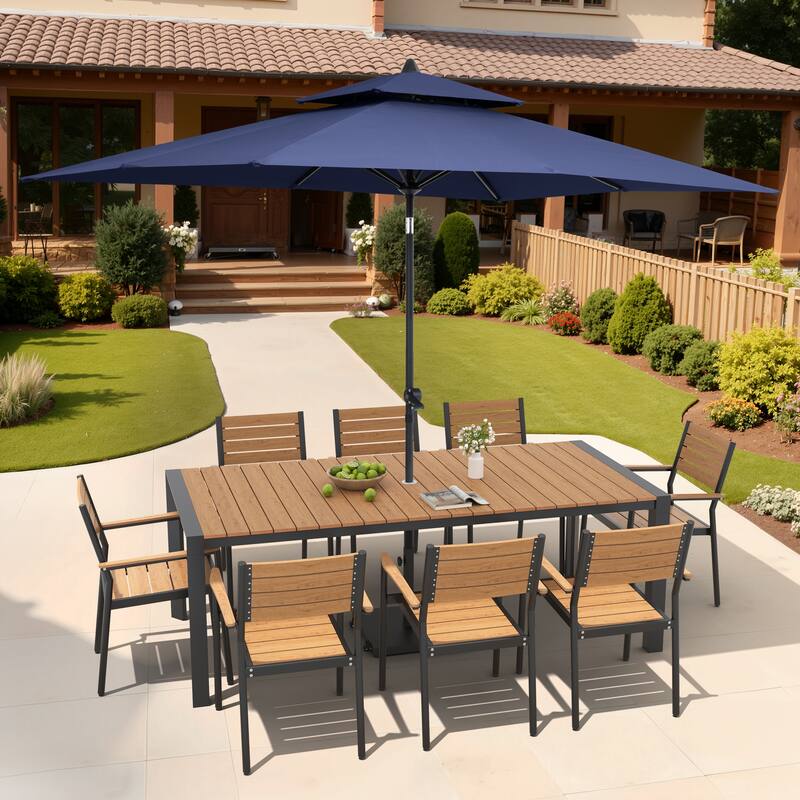 9/11-Piece Patio Dining Set Aluminum Dining Table and Chairs w/10 ft Market Umbrella and Base with Wheels - Set of 11 - Brown Table with Navy Blue Umbrella