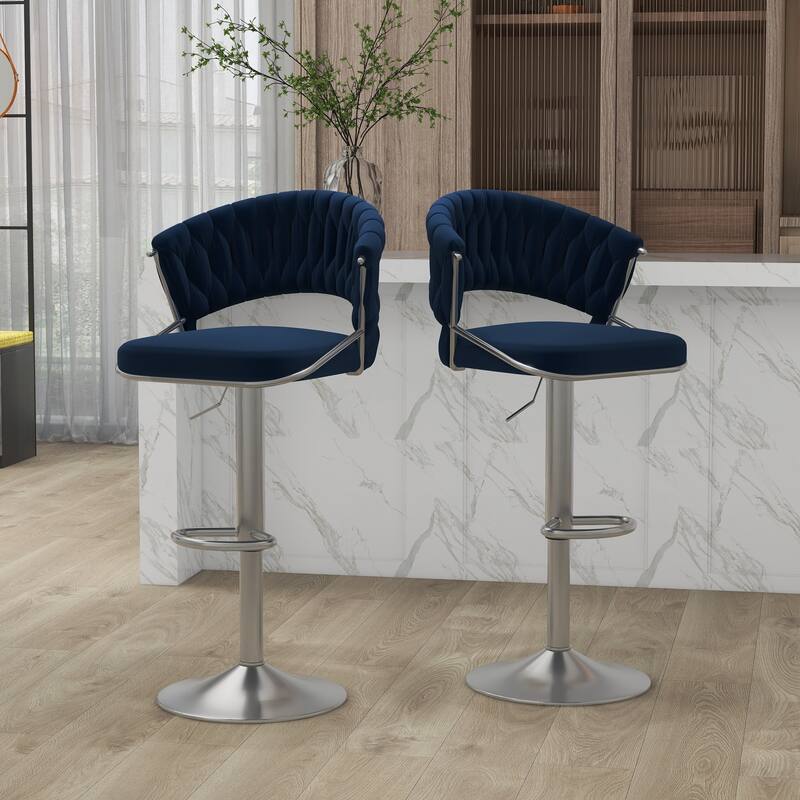 Set of 2 Bar Stool Adjustable Height with Swivel Seat - SLIVER-NAVY BLUE