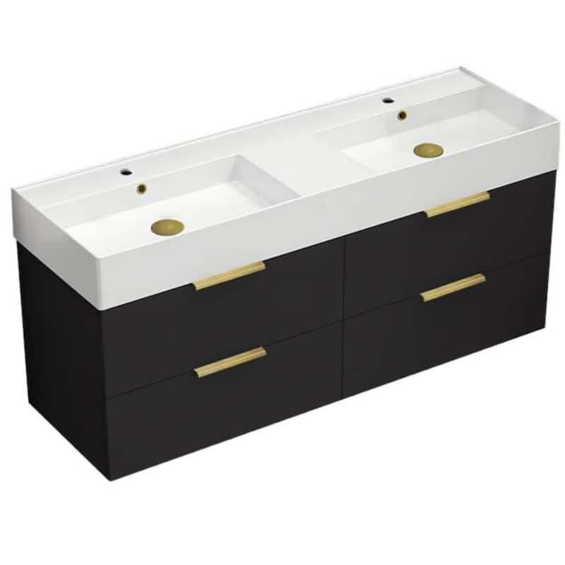 Nameeks Derin-5618-W-2 Derin 54" Wall Mounted Double Basin Vanity Set - Matte Black / Matte Gold - Anthracite Finish