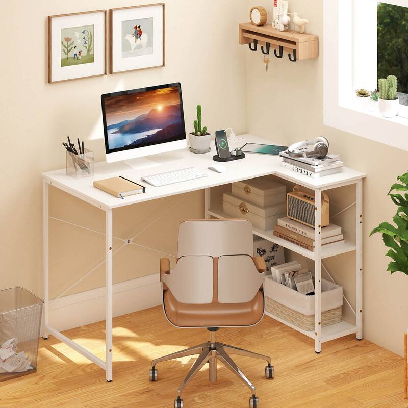 Costway L-Shaped Computer Desk with Power Outlets Adjustable shelf