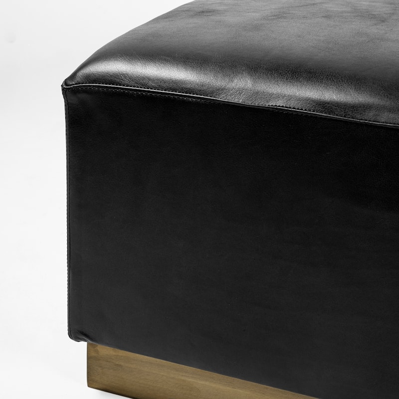 Minara Black Genuine Leather w/ Gold Metal Base 36" Square Ottoman
