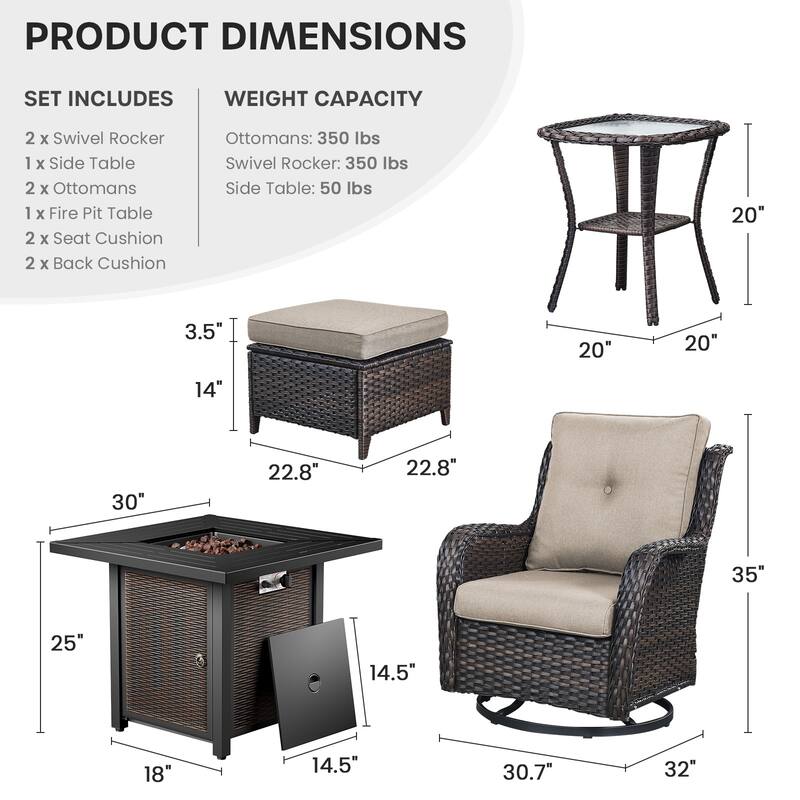 Gymojoy 6-Piece Fire Pit Set with Swivel Chairs, Ottomans & Side Table for Patio, Backyard, Deck