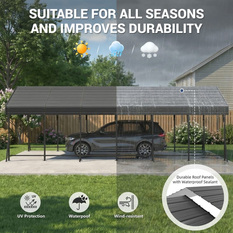 Erommy Outdoor Carport with Galvanized Steel Roof, Heavy-Duty All-Weather Shelter for Cars, Boats and Equipment