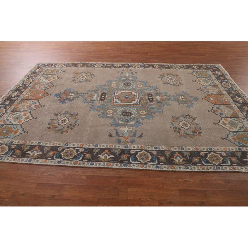 Brown Geometric Tabriz Vintage Rug Handmade Wool Carpet - 6'3"x 9'6"