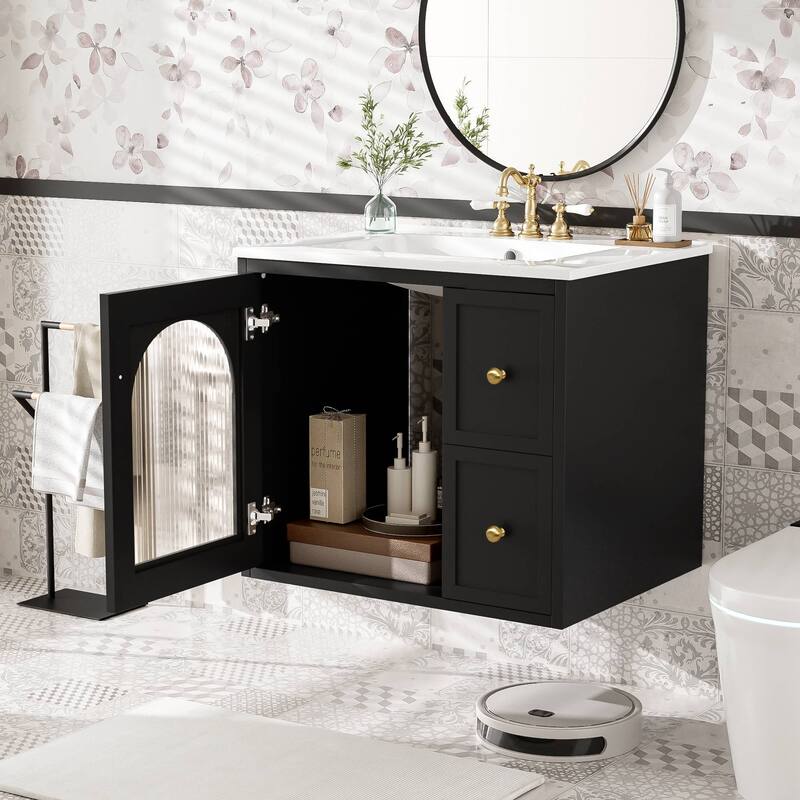 24-inch Wall Mount Bathroom Cabinet with Ceramic Sink, 2 Drawers