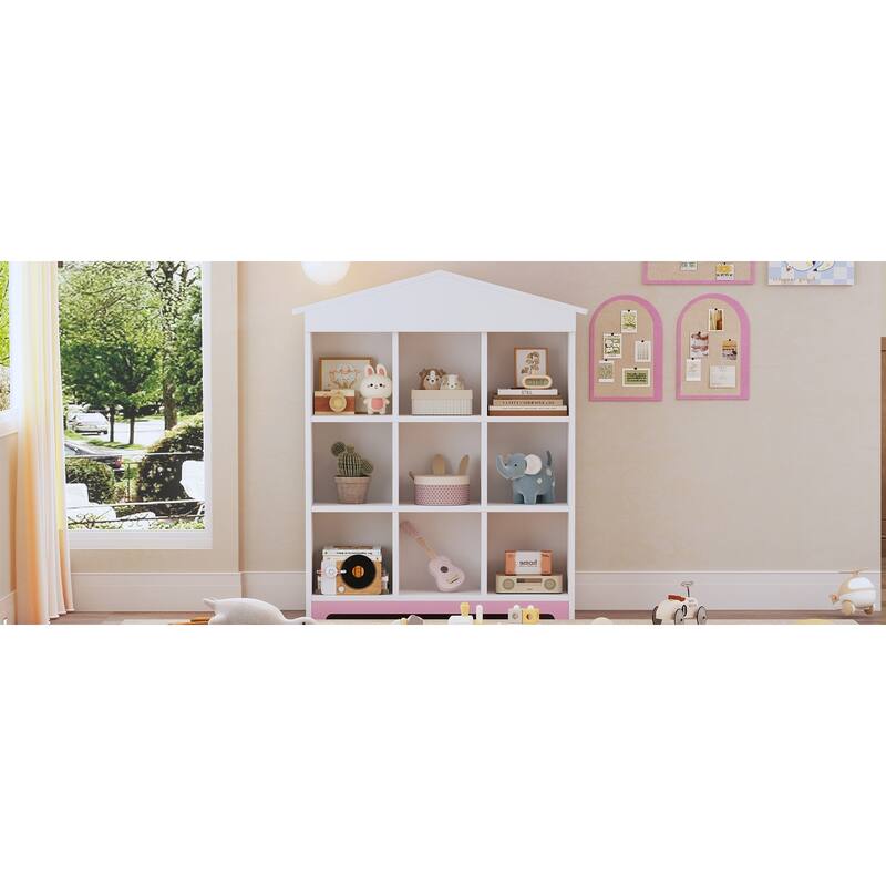House shaped Storage Rack with Nine Storage Compartments,Three layer Bookshelf with Colorblock Design
