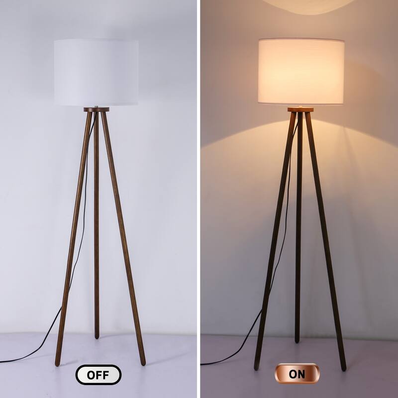61 in. Traditional Tripod Floor Lamp with Rubberwood Base and Linen Drum Shade for Bedroom, Living Room, Dining Room