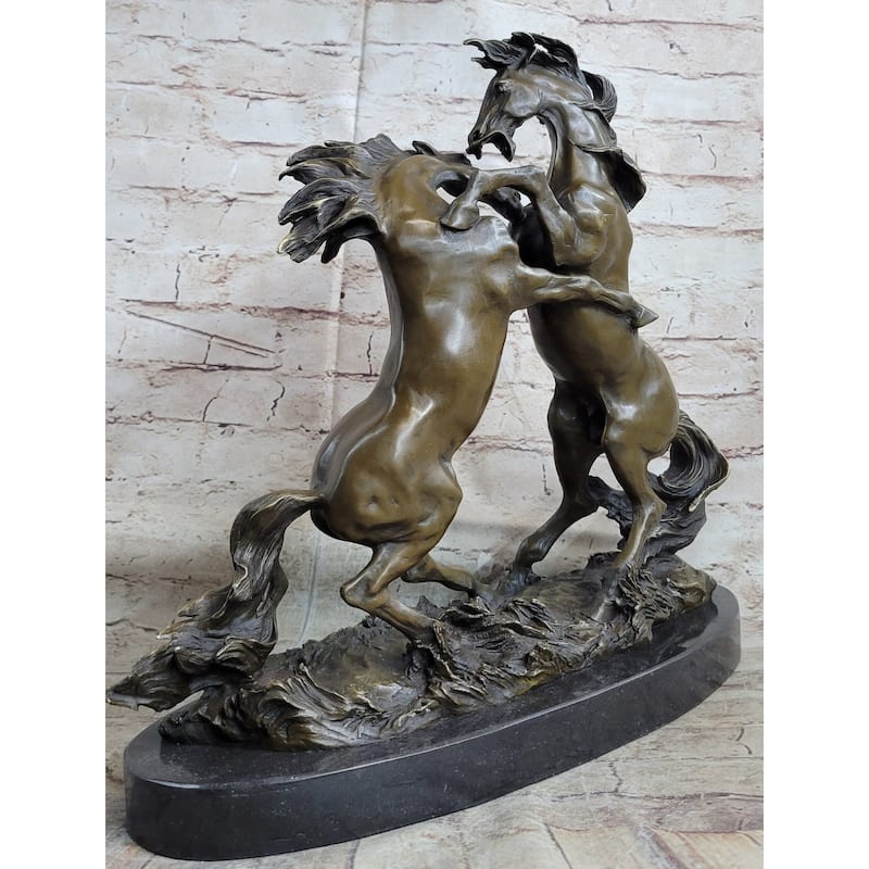 Dueling Stallion Horses Rearing Horse Bronze Statue Sculpture Decor Marble Base Original