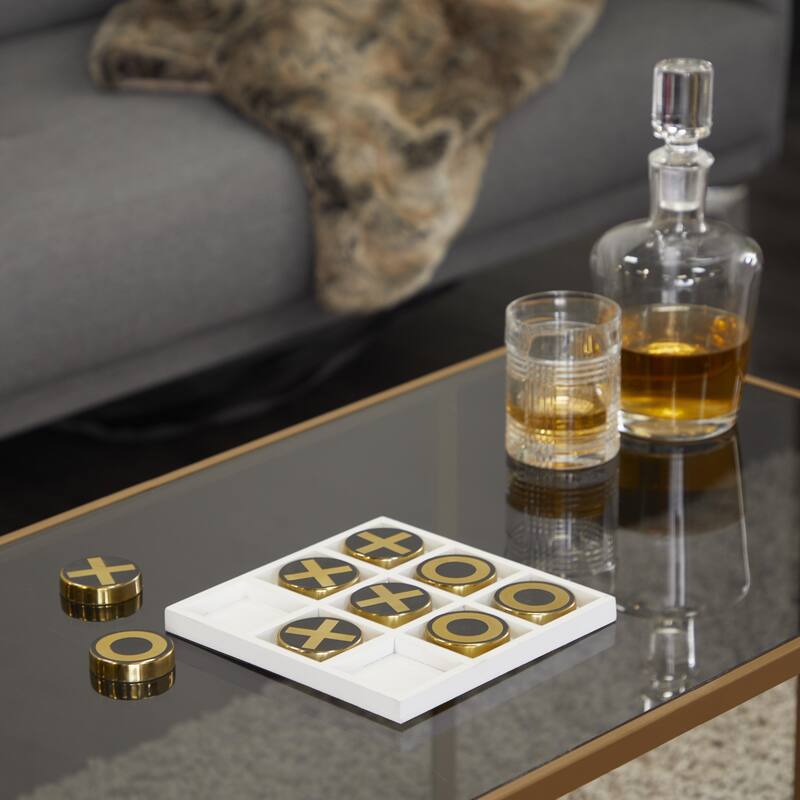 Wooden Tic Tac Toe Block Game Set with Steel or Light Wood Pieces - Black, Dark Brown, Gold - Roche River Decor