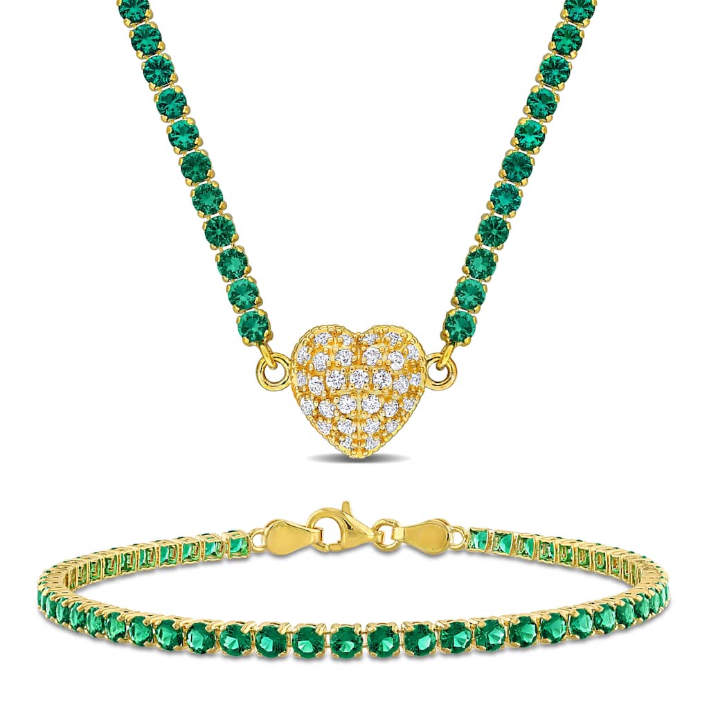 Miadora 17 1/2ct TGW Created Emerald Created White Sapphire Necklace Bracelet Set in Yellow Plated Sterling Silver