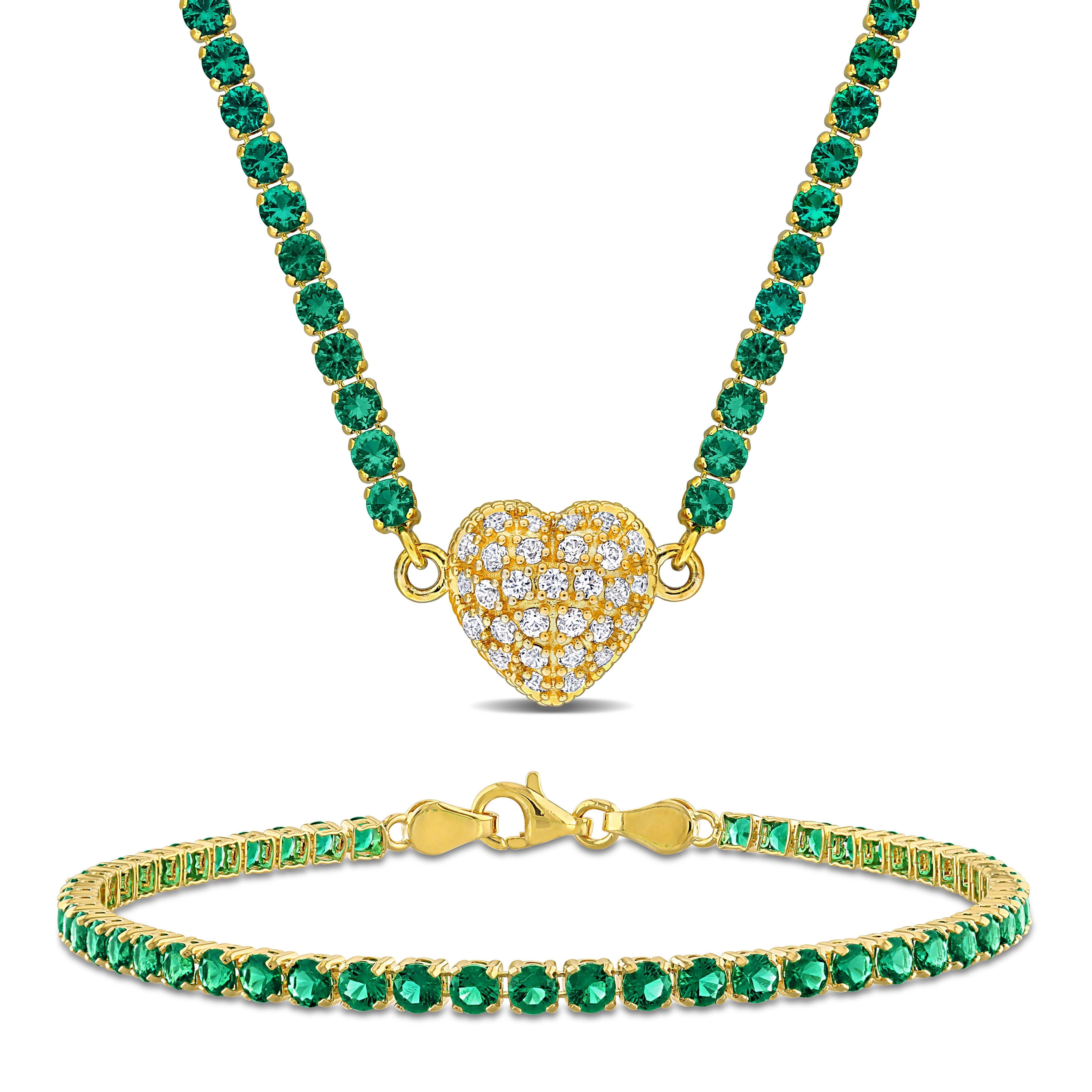 Miadora 17 1/2ct TGW Created Emerald Created White Sapphire Necklace Bracelet Set in Yellow Plated Sterling Silver