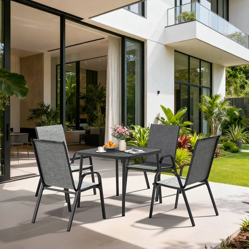 4-Person Patio Dining Set, Textilene Stackable Chairs and Square Table with Umbrella Hole